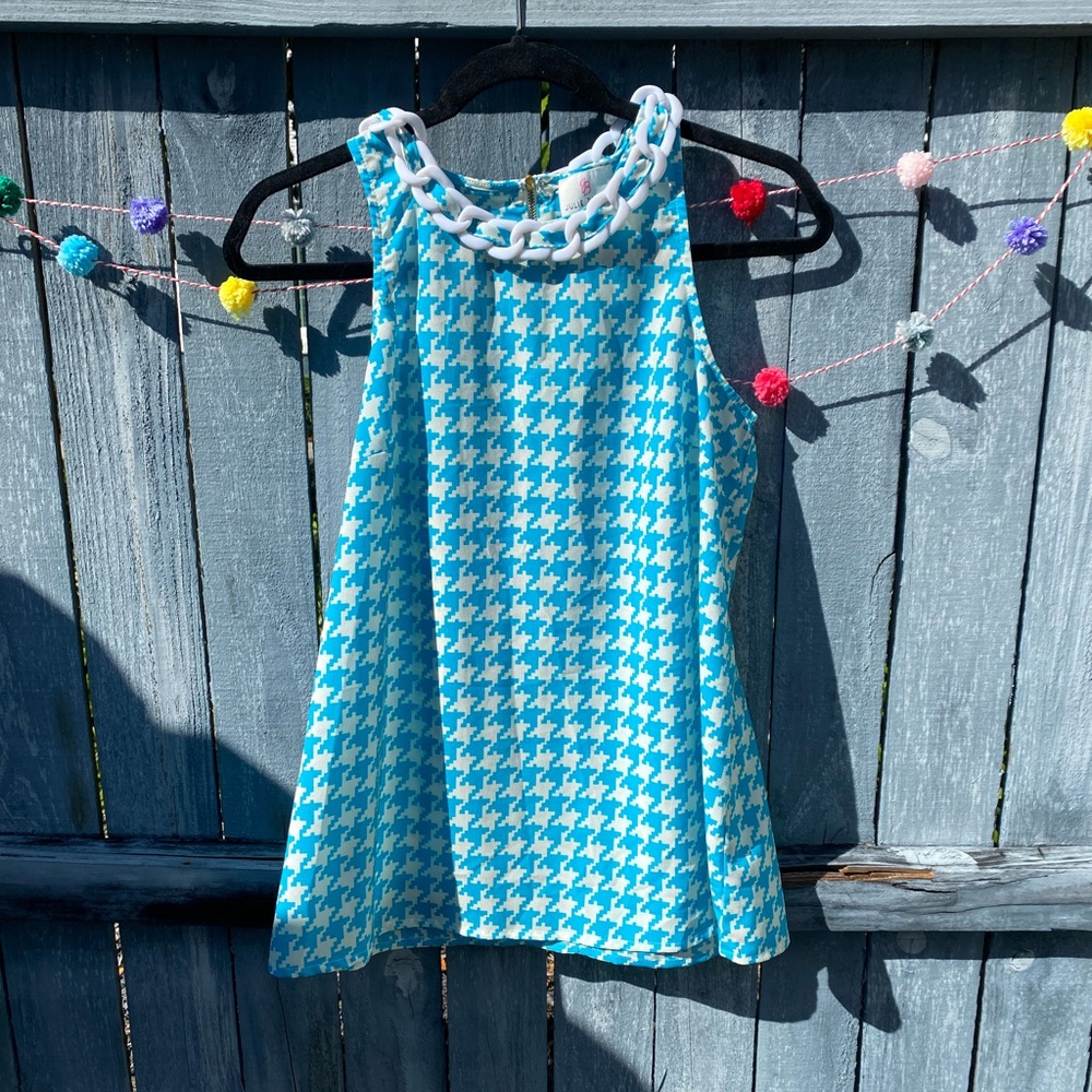 Blue and White Houndstooth Dress with White Chain Detail